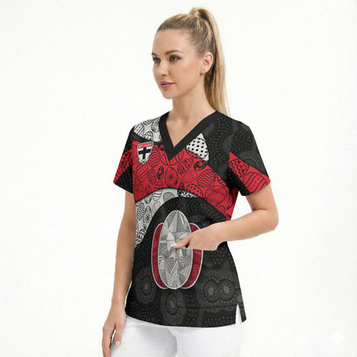 Personalized St Kilda Football Scrub Top Easter Egg Pattern Red Black White Tribal Dot Style