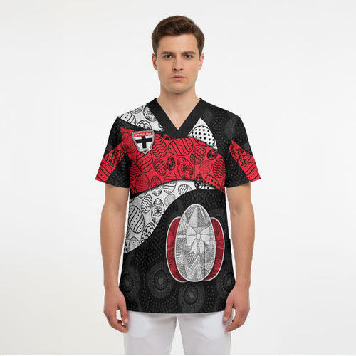 Personalized St Kilda Football Scrub Top Easter Egg Pattern Red Black White Tribal Dot Style