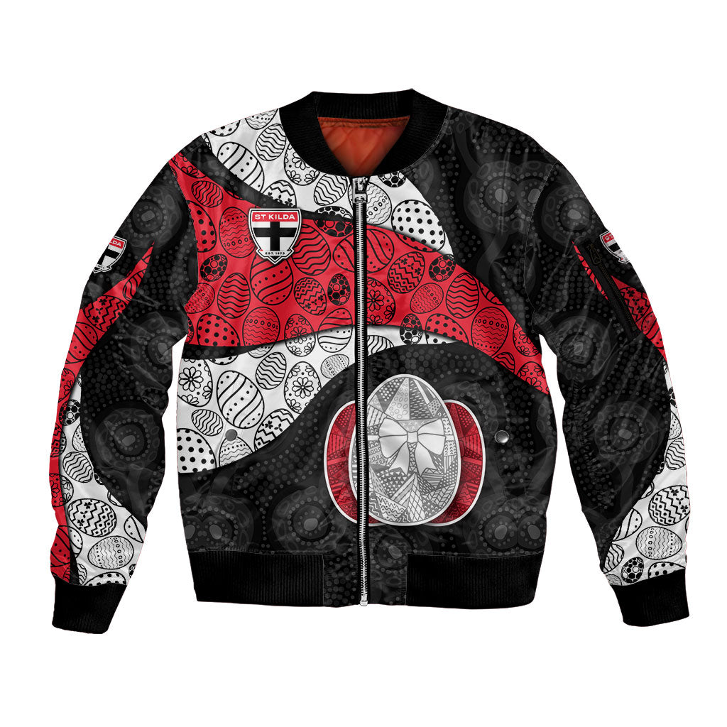 Personalized St Kilda Football Sleeve Zip Bomber Jacket Easter Egg Pattern Red Black White Tribal Dot Style