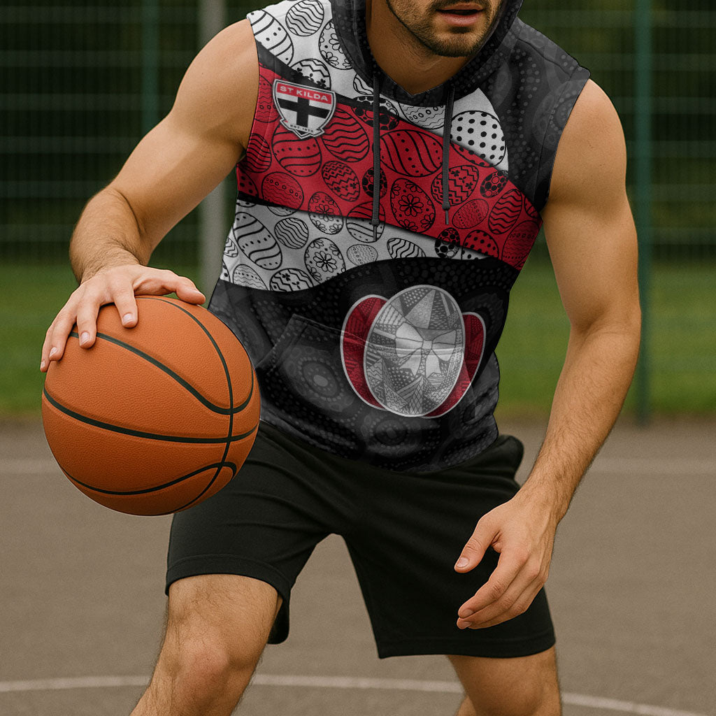 Personalized St Kilda Football Sleeveless Hoodie Easter Egg Pattern Red Black White Tribal Dot Style