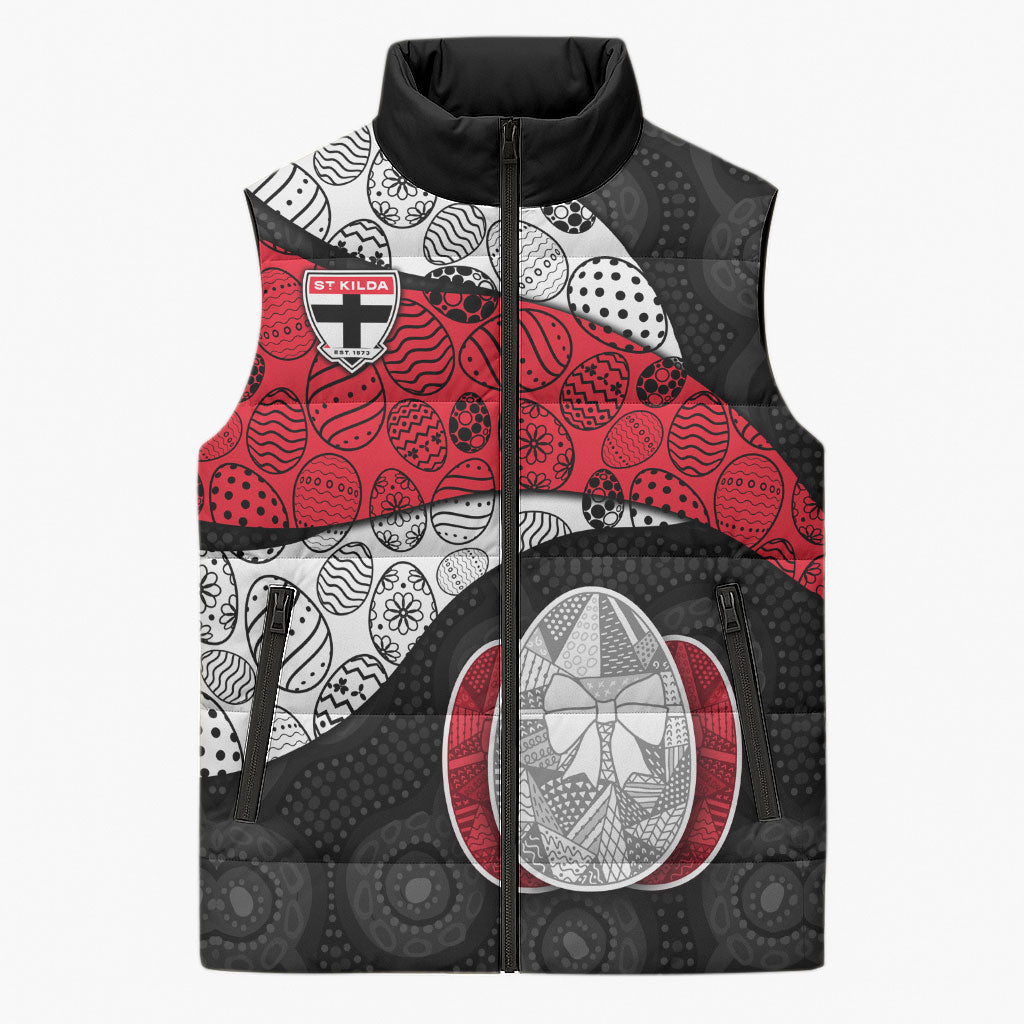 Personalized St Kilda Football Sleeveless Puffer Jacket Easter Egg Pattern Red Black White Tribal Dot Style