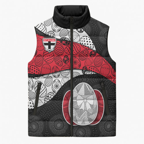 Personalized St Kilda Football Sleeveless Puffer Jacket Easter Egg Pattern Red Black White Tribal Dot Style