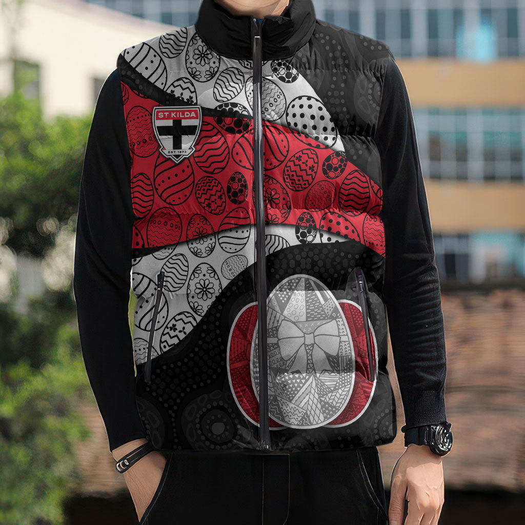 Personalized St Kilda Football Sleeveless Puffer Jacket Easter Egg Pattern Red Black White Tribal Dot Style