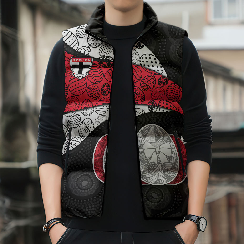 Personalized St Kilda Football Sleeveless Puffer Jacket Easter Egg Pattern Red Black White Tribal Dot Style