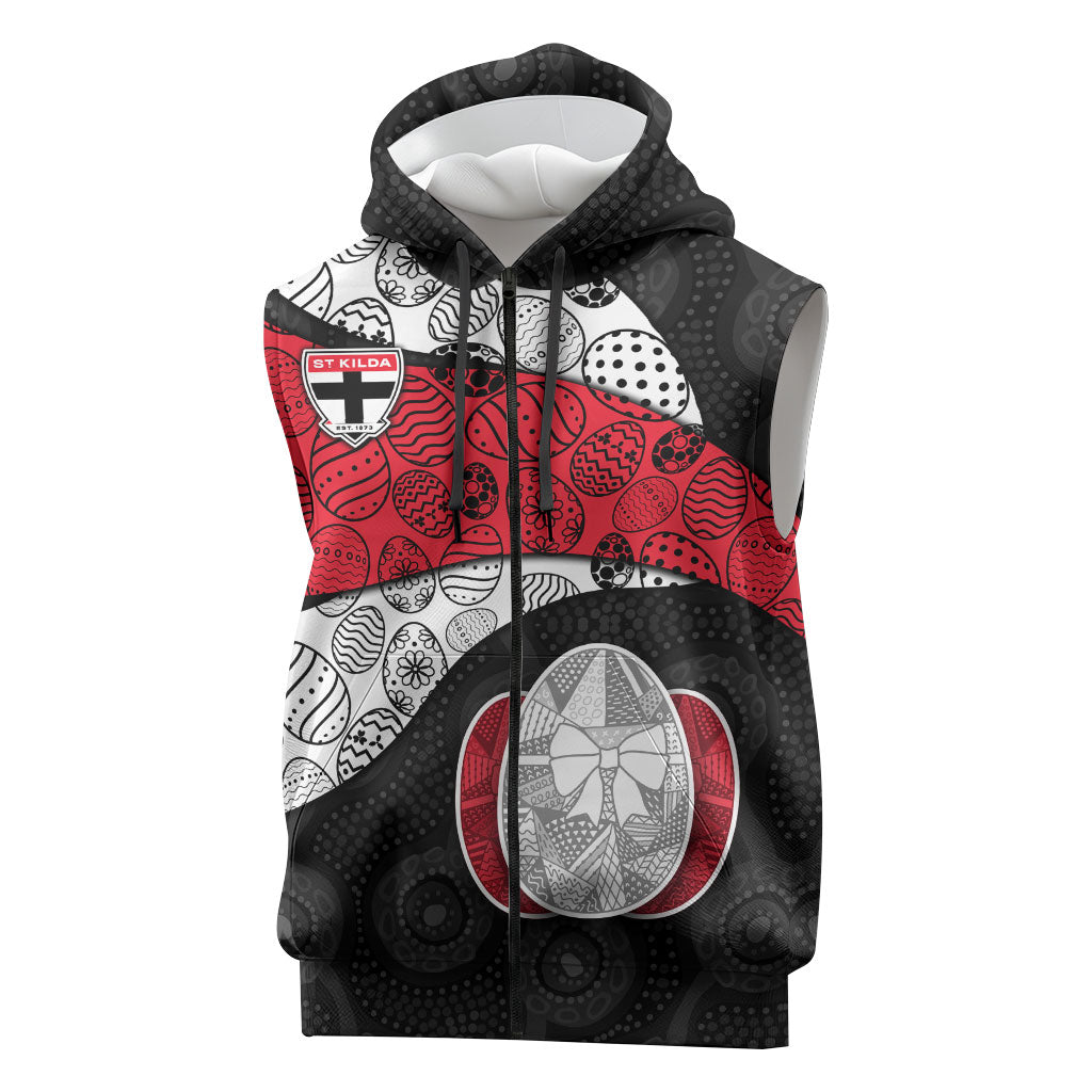 Personalized St Kilda Football Sleeveless Zip Hoodie Easter Egg Pattern Red Black White Tribal Dot Style