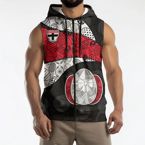 Personalized St Kilda Football Sleeveless Zip Hoodie Easter Egg Pattern Red Black White Tribal Dot Style
