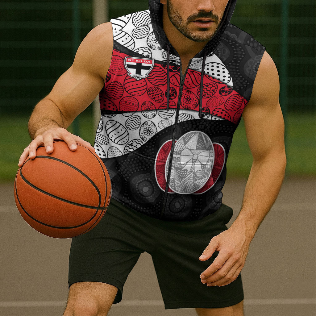 Personalized St Kilda Football Sleeveless Zip Hoodie Easter Egg Pattern Red Black White Tribal Dot Style