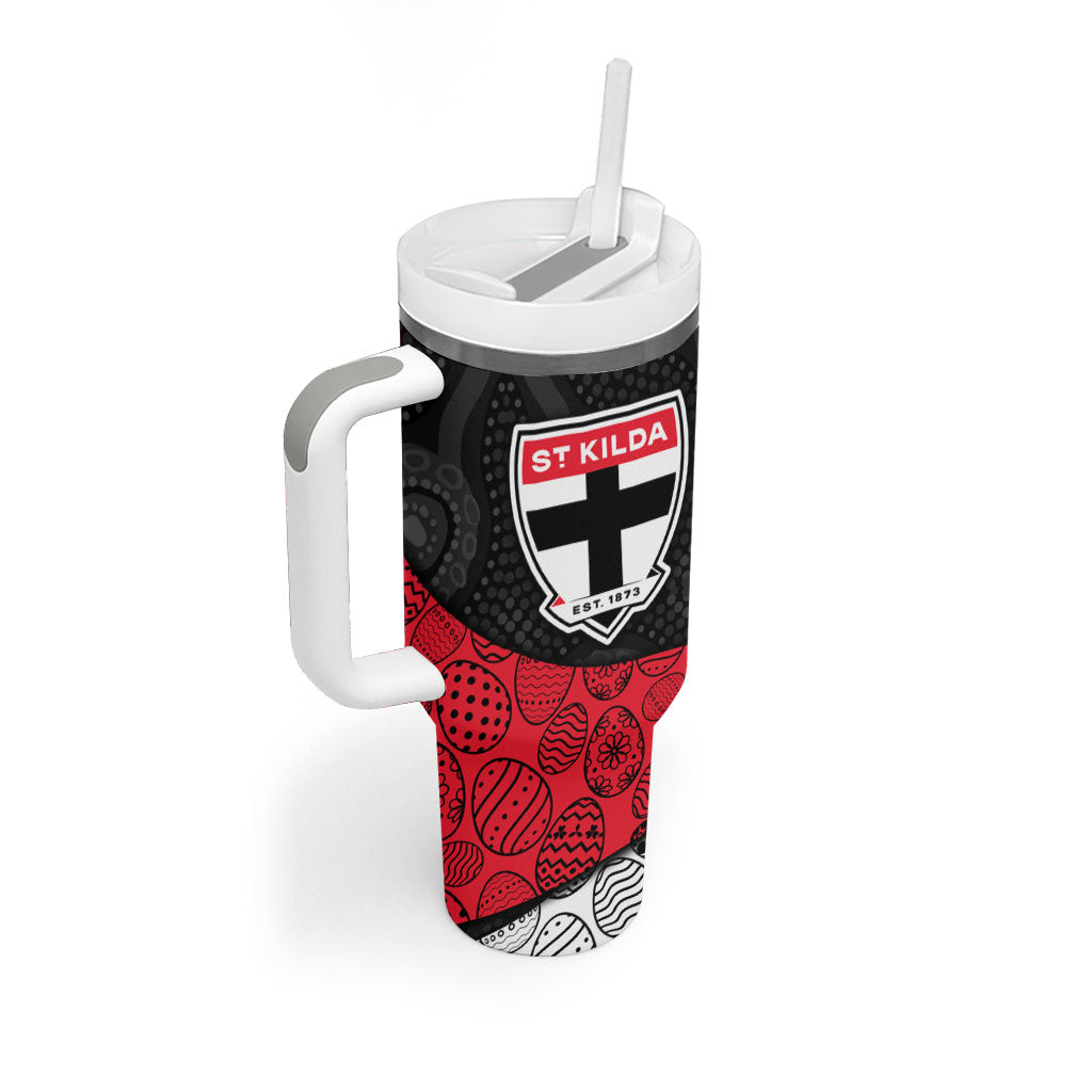 Personalized St Kilda Football Tumbler With Handle Easter Egg Pattern Red Black White Tribal Dot Style