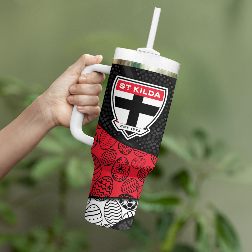 Personalized St Kilda Football Tumbler With Handle Easter Egg Pattern Red Black White Tribal Dot Style