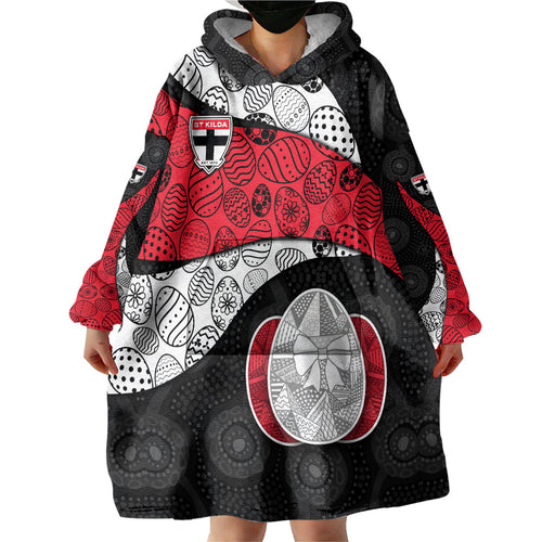 Personalized St Kilda Football Wearable Blanket Hoodie Easter Egg Pattern Red Black White Tribal Dot Style