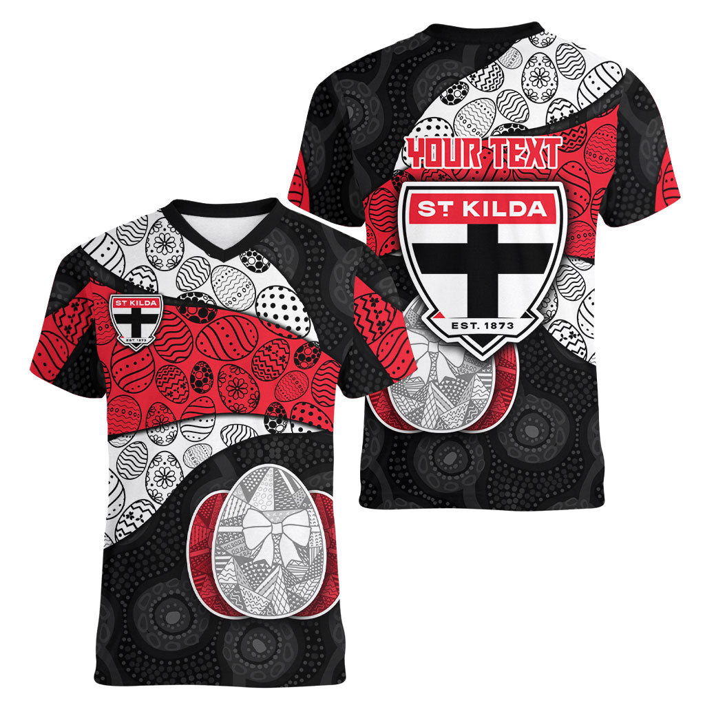Personalized St Kilda Football Women V-Neck T-Shirt Easter Egg Pattern Red Black White Tribal Dot Style