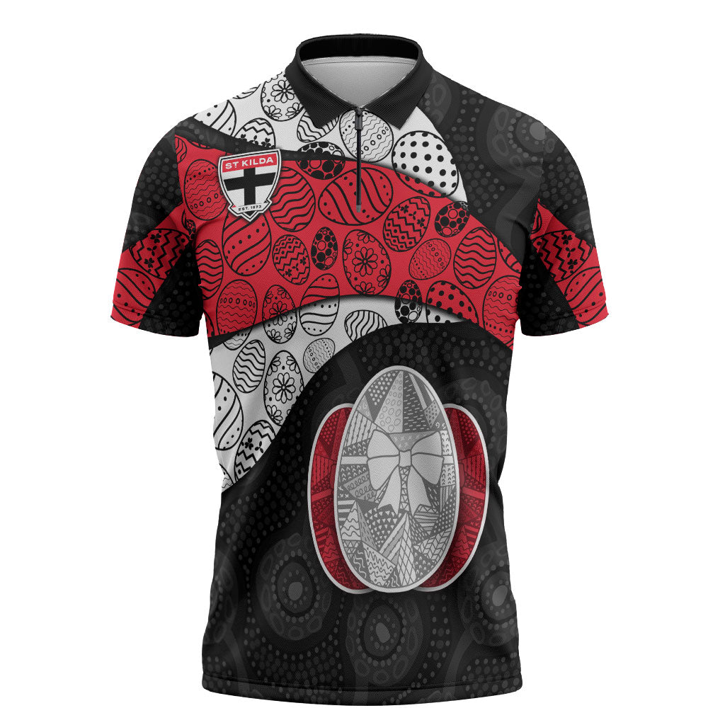 Personalized St Kilda Football Zipper Polo Shirt Easter Egg Pattern Red Black White Tribal Dot Style
