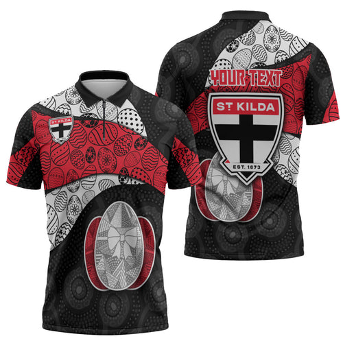 Personalized St Kilda Football Zipper Polo Shirt Easter Egg Pattern Red Black White Tribal Dot Style