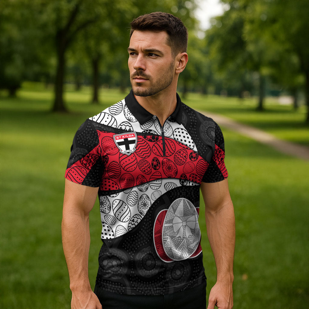 Personalized St Kilda Football Zipper Polo Shirt Easter Egg Pattern Red Black White Tribal Dot Style