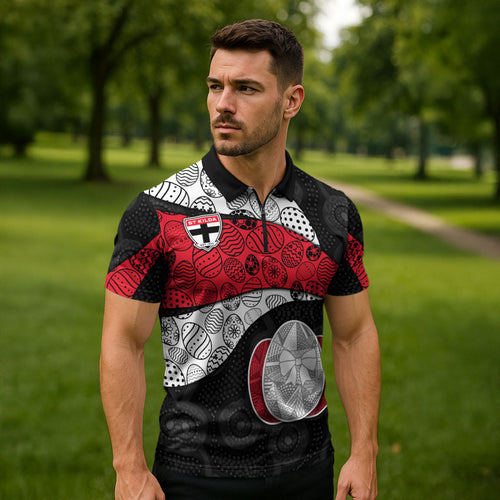 Personalized St Kilda Football Zipper Polo Shirt Easter Egg Pattern Red Black White Tribal Dot Style
