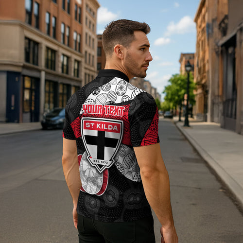Personalized St Kilda Football Zipper Polo Shirt Easter Egg Pattern Red Black White Tribal Dot Style