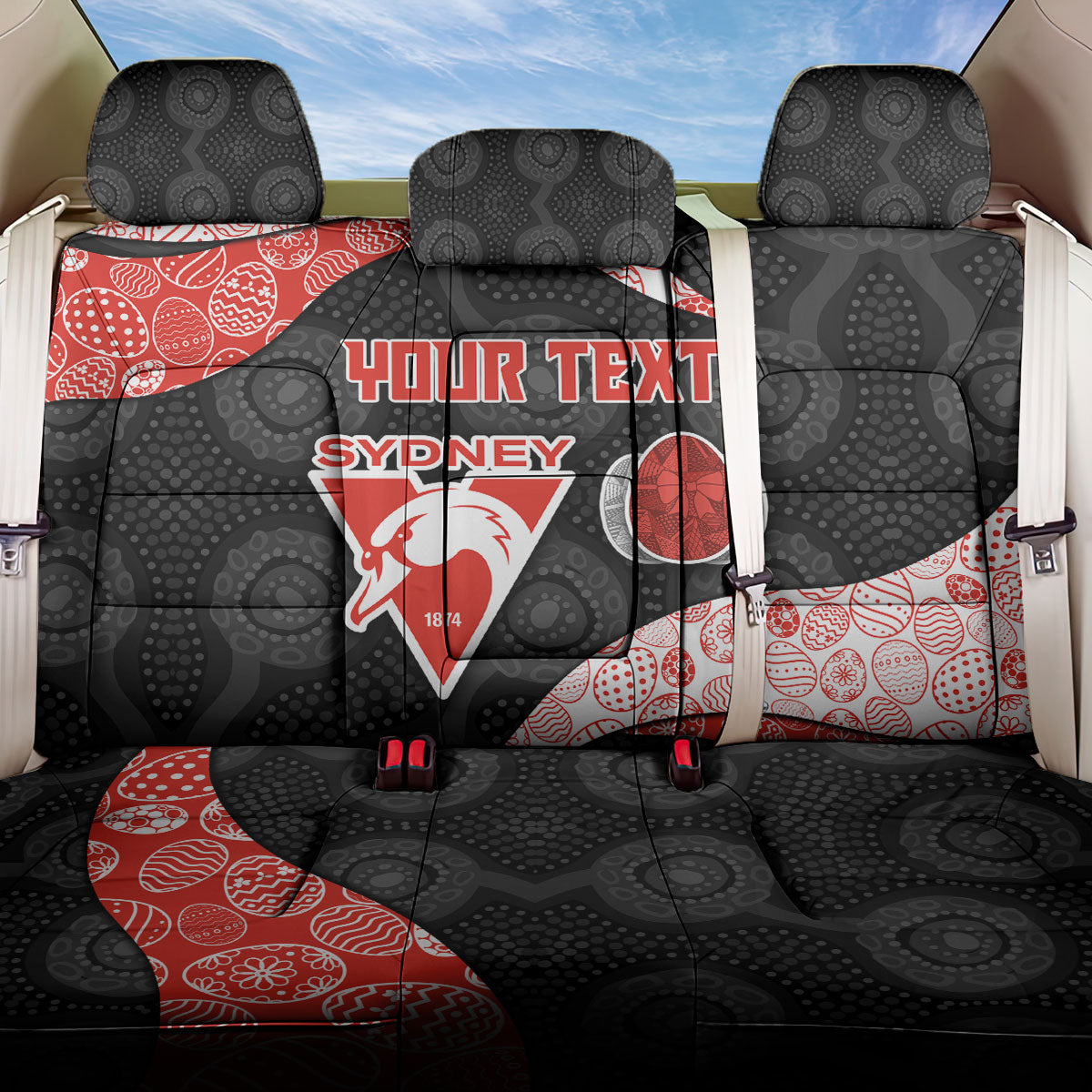 Personalized Sydney Football Back Car Seat Cover Easter Egg Pattern Red White Tribal Dot Art Style