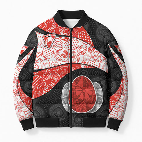 Personalized Sydney Football Bomber Puffer Jacket Easter Egg Pattern Red White Tribal Dot Art Style