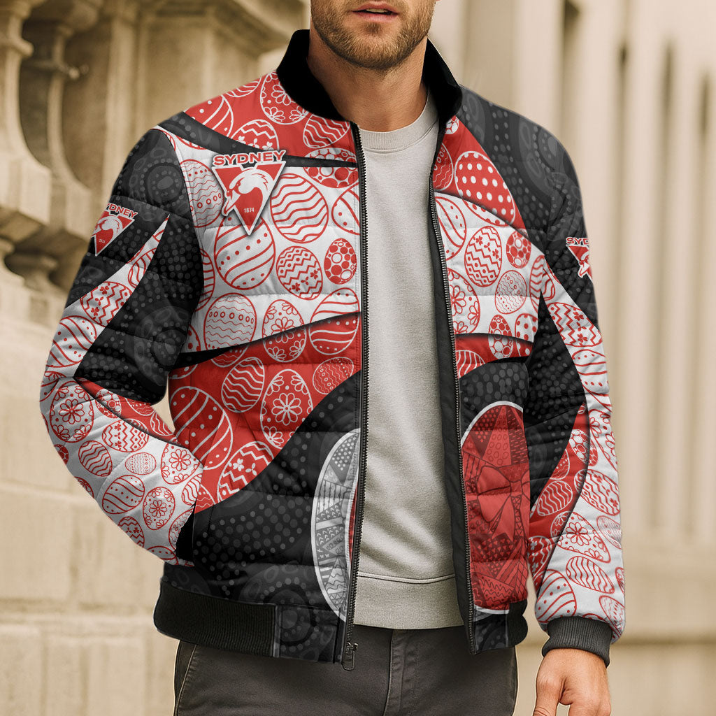 Personalized Sydney Football Bomber Puffer Jacket Easter Egg Pattern Red White Tribal Dot Art Style
