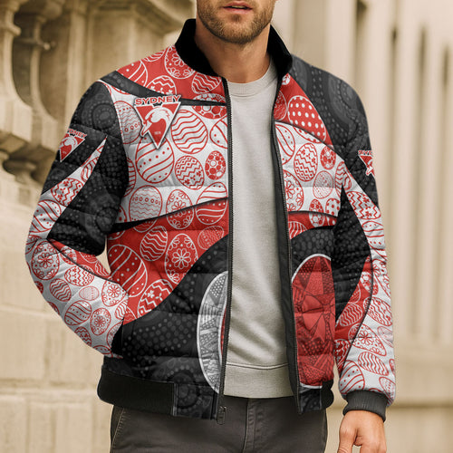 Personalized Sydney Football Bomber Puffer Jacket Easter Egg Pattern Red White Tribal Dot Art Style