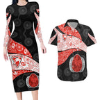 Personalized Sydney Football Couples Matching Long Sleeve Bodycon Dress and Hawaiian Shirt Easter Egg Pattern Red White Tribal Dot Art Style