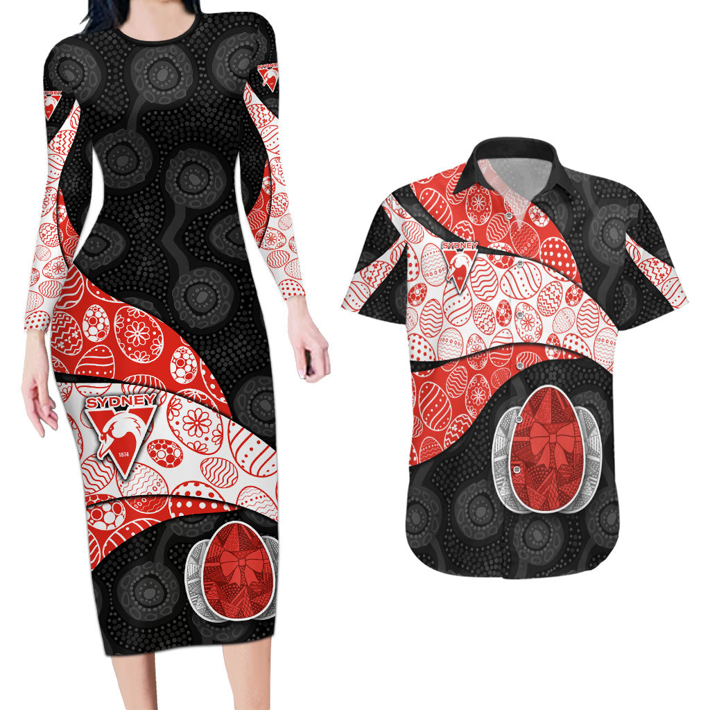 Personalized Sydney Football Couples Matching Long Sleeve Bodycon Dress and Hawaiian Shirt Easter Egg Pattern Red White Tribal Dot Art Style