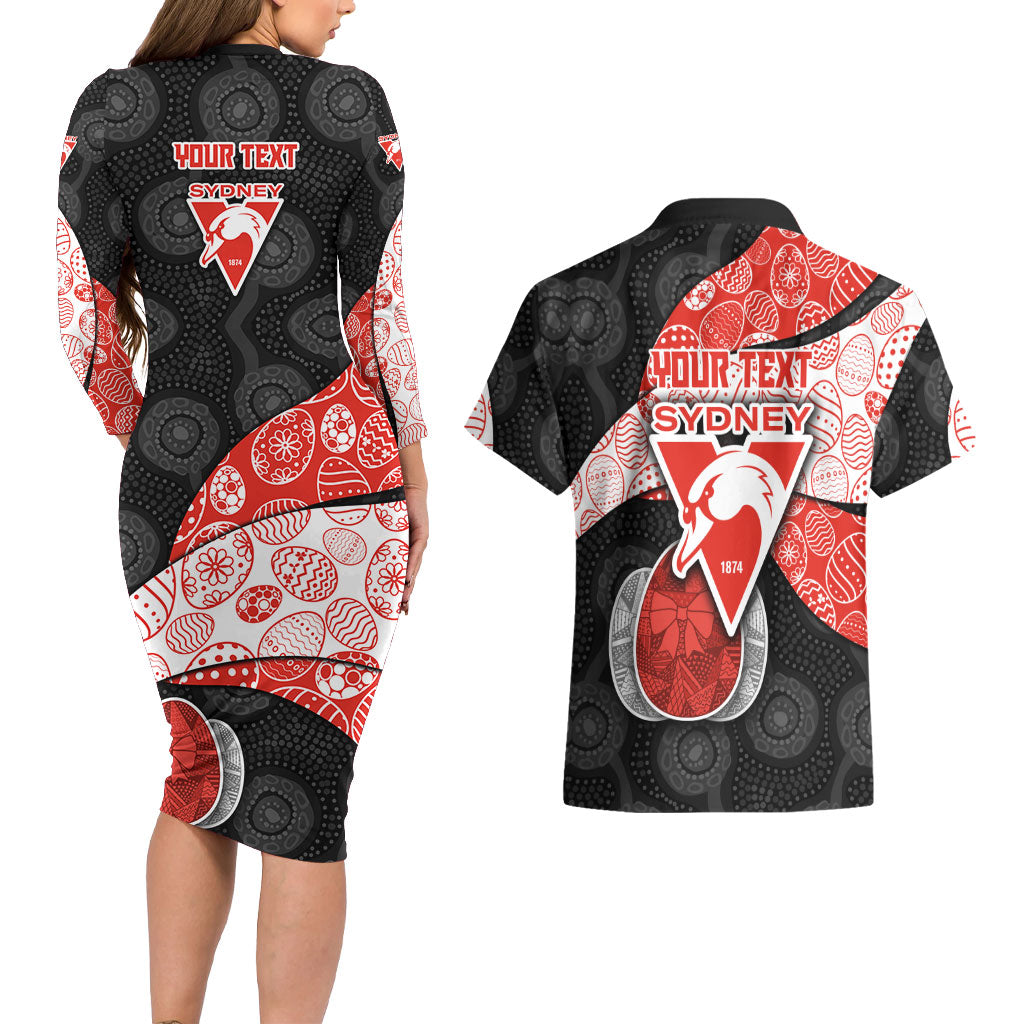 Personalized Sydney Football Couples Matching Long Sleeve Bodycon Dress and Hawaiian Shirt Easter Egg Pattern Red White Tribal Dot Art Style