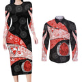Personalized Sydney Football Couples Matching Long Sleeve Bodycon Dress and Long Sleeve Button Shirt Easter Egg Pattern Red White Tribal Dot Art Style