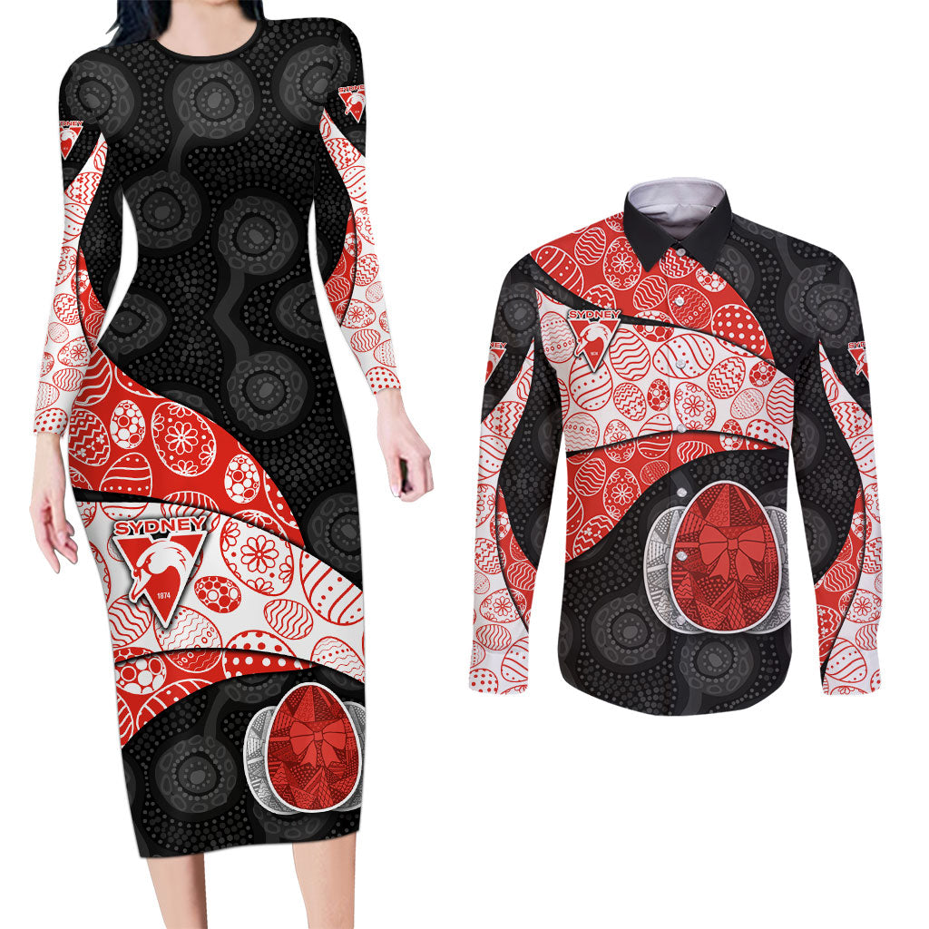 Personalized Sydney Football Couples Matching Long Sleeve Bodycon Dress and Long Sleeve Button Shirt Easter Egg Pattern Red White Tribal Dot Art Style