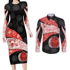 Personalized Sydney Football Couples Matching Long Sleeve Bodycon Dress and Long Sleeve Button Shirt Easter Egg Pattern Red White Tribal Dot Art Style