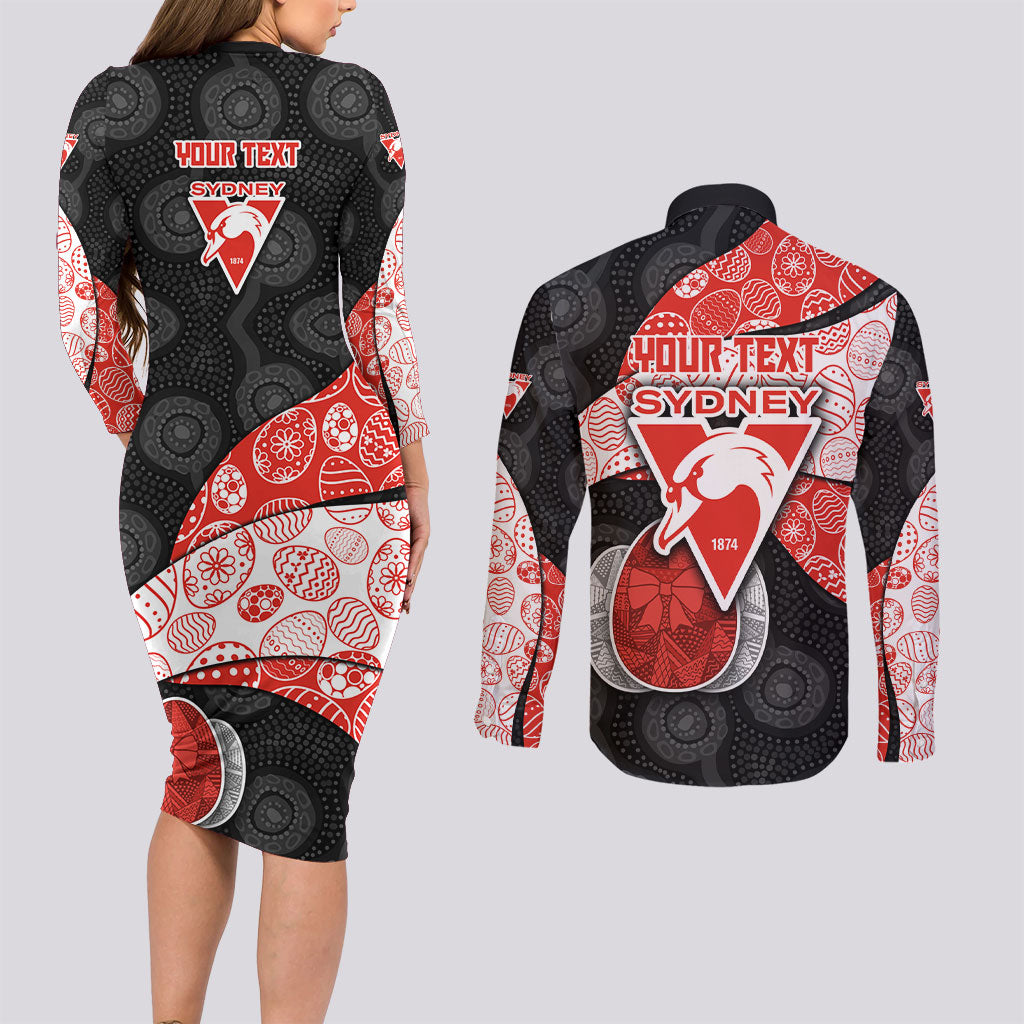 Personalized Sydney Football Couples Matching Long Sleeve Bodycon Dress and Long Sleeve Button Shirt Easter Egg Pattern Red White Tribal Dot Art Style