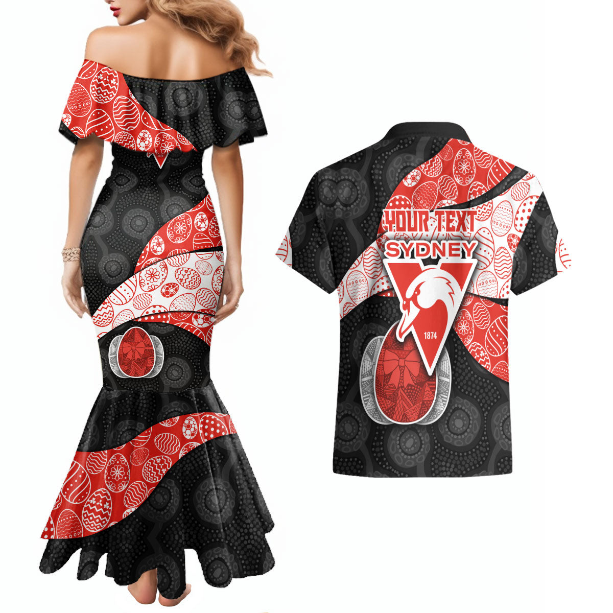 Personalized Sydney Football Couples Matching Mermaid Dress and Hawaiian Shirt Easter Egg Pattern Red White Tribal Dot Art Style