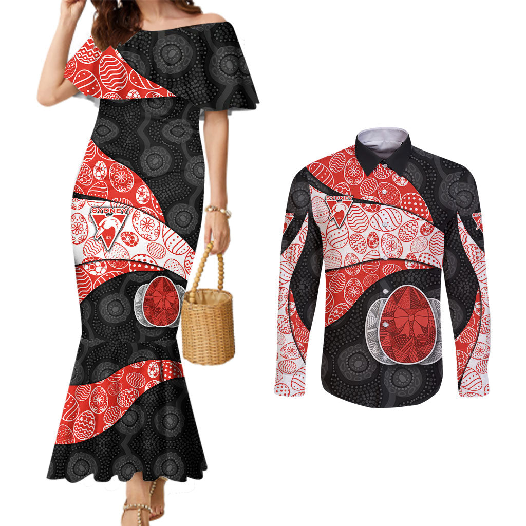 Personalized Sydney Football Couples Matching Mermaid Dress and Long Sleeve Button Shirt Easter Egg Pattern Red White Tribal Dot Art Style