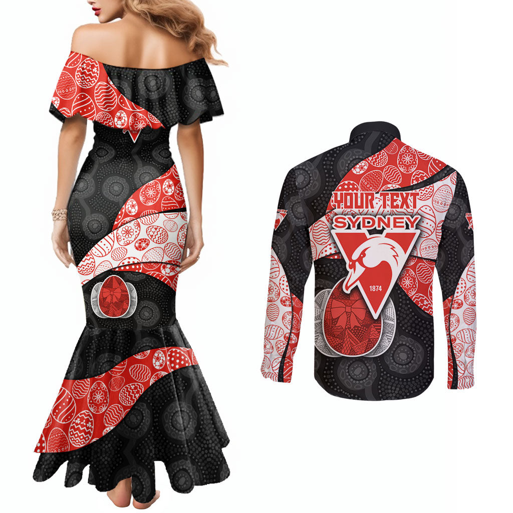 Personalized Sydney Football Couples Matching Mermaid Dress and Long Sleeve Button Shirt Easter Egg Pattern Red White Tribal Dot Art Style