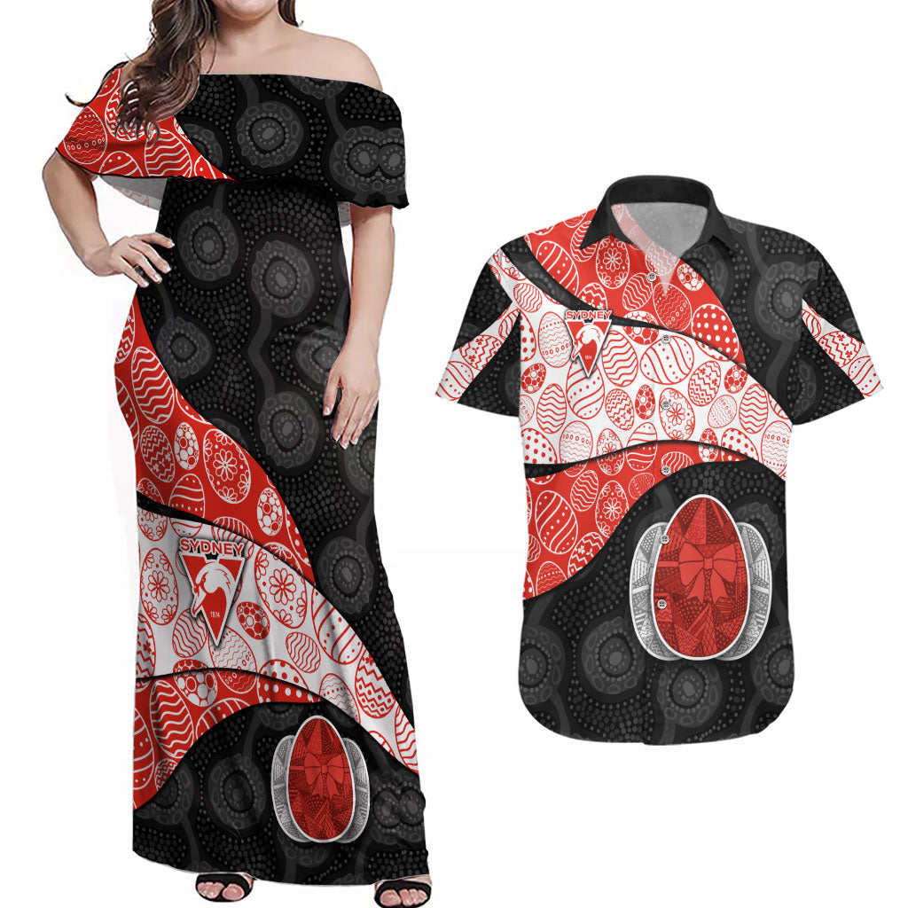 Personalized Sydney Football Couples Matching Off Shoulder Maxi Dress and Hawaiian Shirt Easter Egg Pattern Red White Tribal Dot Art Style