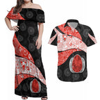 Personalized Sydney Football Couples Matching Off Shoulder Maxi Dress and Hawaiian Shirt Easter Egg Pattern Red White Tribal Dot Art Style