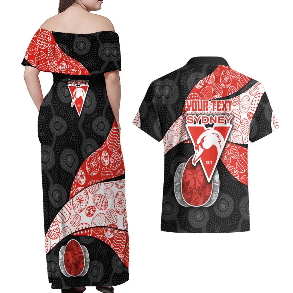Personalized Sydney Football Couples Matching Off Shoulder Maxi Dress and Hawaiian Shirt Easter Egg Pattern Red White Tribal Dot Art Style