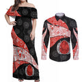 Personalized Sydney Football Couples Matching Off Shoulder Maxi Dress and Long Sleeve Button Shirt Easter Egg Pattern Red White Tribal Dot Art Style