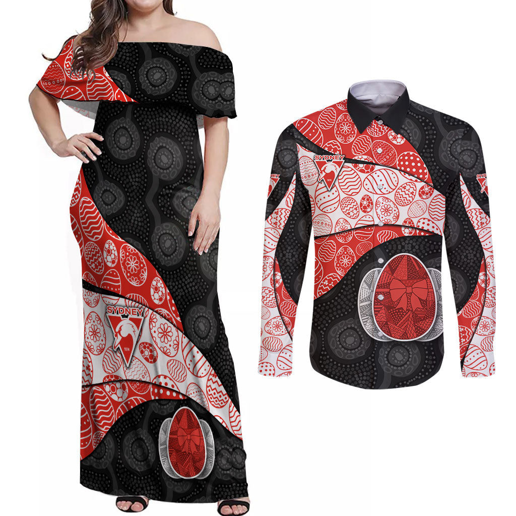 Personalized Sydney Football Couples Matching Off Shoulder Maxi Dress and Long Sleeve Button Shirt Easter Egg Pattern Red White Tribal Dot Art Style
