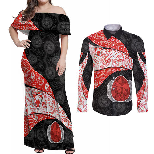 Personalized Sydney Football Couples Matching Off Shoulder Maxi Dress and Long Sleeve Button Shirt Easter Egg Pattern Red White Tribal Dot Art Style