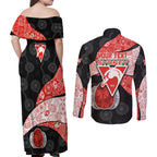 Personalized Sydney Football Couples Matching Off Shoulder Maxi Dress and Long Sleeve Button Shirt Easter Egg Pattern Red White Tribal Dot Art Style