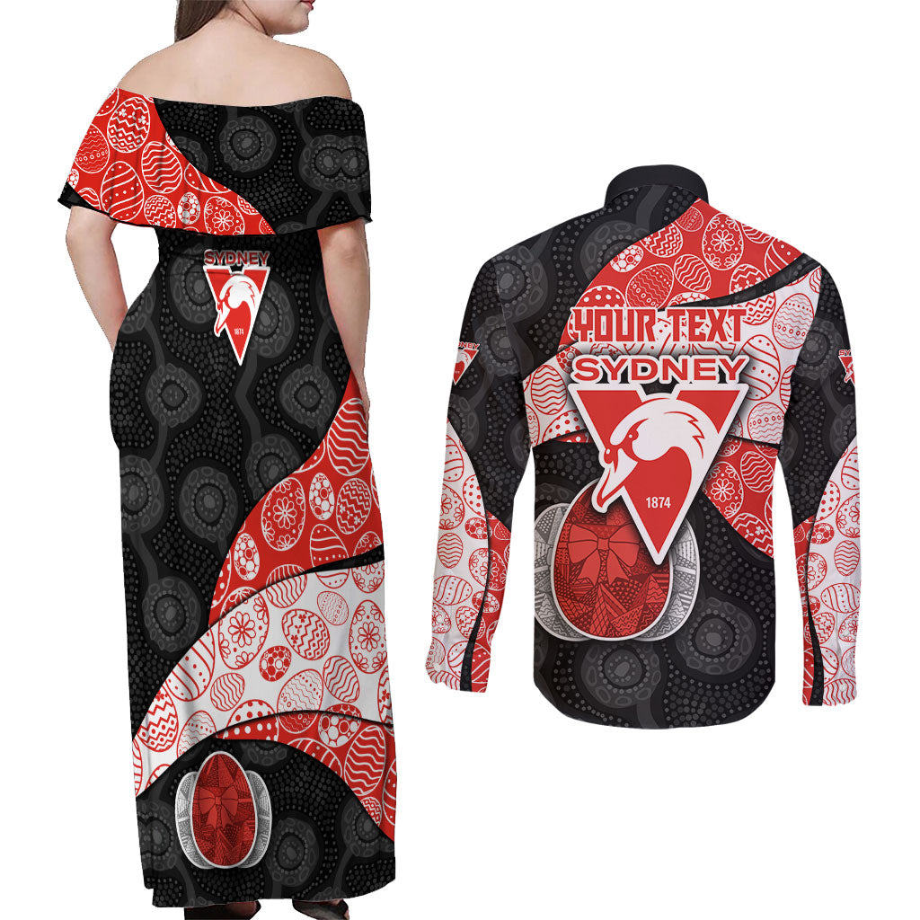 Personalized Sydney Football Couples Matching Off Shoulder Maxi Dress and Long Sleeve Button Shirt Easter Egg Pattern Red White Tribal Dot Art Style