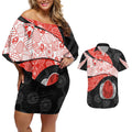 Personalized Sydney Football Couples Matching Off Shoulder Short Dress and Hawaiian Shirt Easter Egg Pattern Red White Tribal Dot Art Style