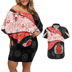 Personalized Sydney Football Couples Matching Off Shoulder Short Dress and Hawaiian Shirt Easter Egg Pattern Red White Tribal Dot Art Style