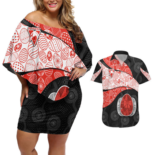 Personalized Sydney Football Couples Matching Off Shoulder Short Dress and Hawaiian Shirt Easter Egg Pattern Red White Tribal Dot Art Style