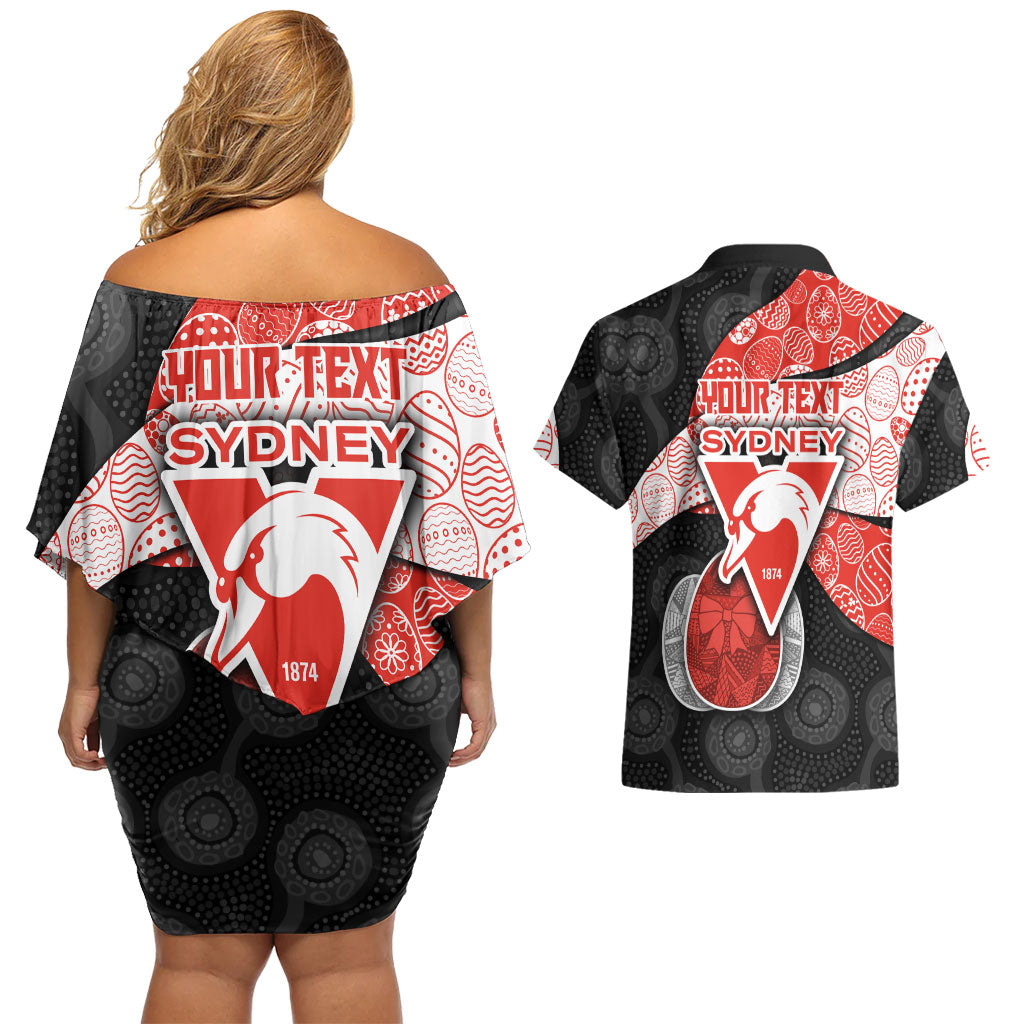 Personalized Sydney Football Couples Matching Off Shoulder Short Dress and Hawaiian Shirt Easter Egg Pattern Red White Tribal Dot Art Style