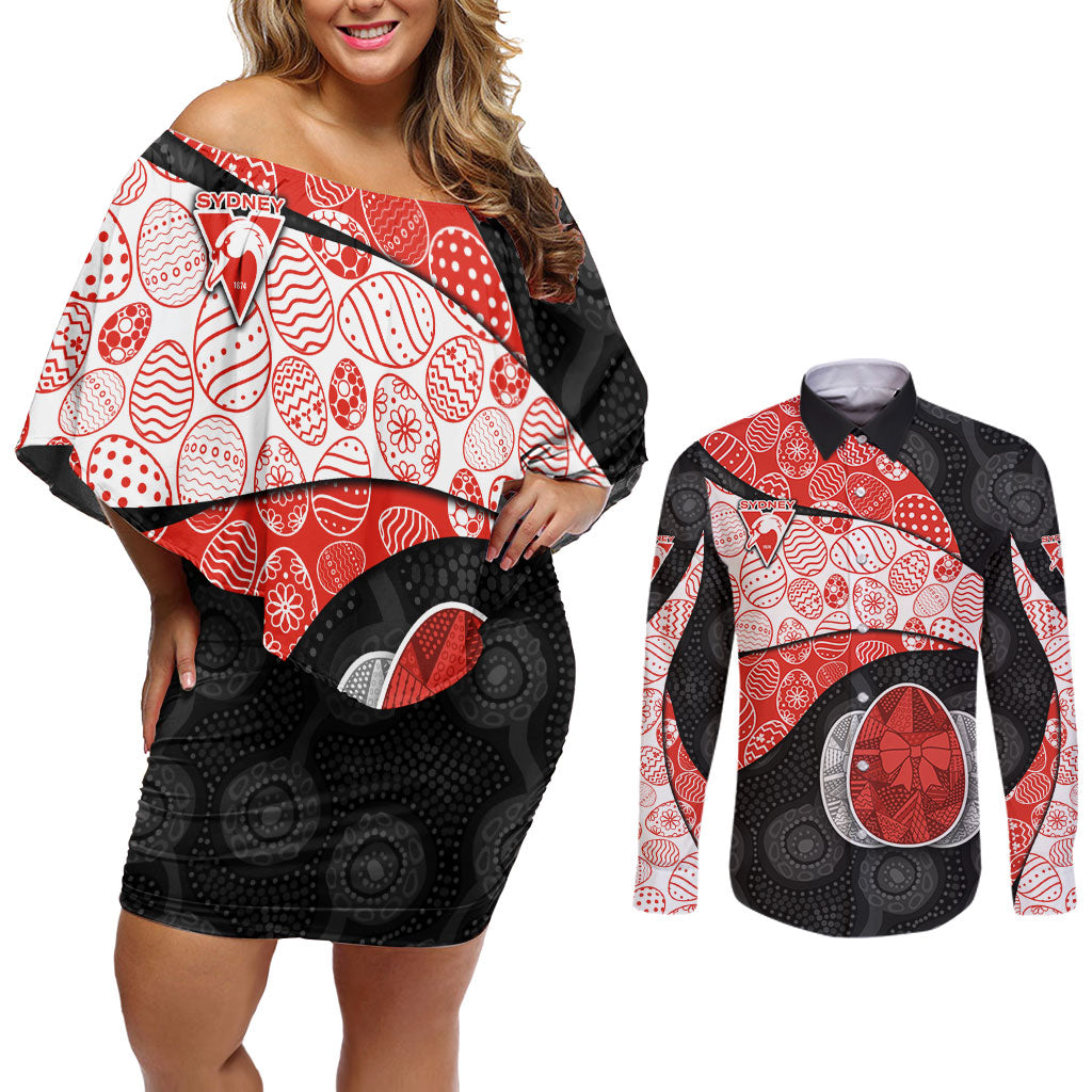 Personalized Sydney Football Couples Matching Off Shoulder Short Dress and Long Sleeve Button Shirt Easter Egg Pattern Red White Tribal Dot Art Style