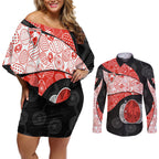 Personalized Sydney Football Couples Matching Off Shoulder Short Dress and Long Sleeve Button Shirt Easter Egg Pattern Red White Tribal Dot Art Style