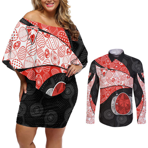 Personalized Sydney Football Couples Matching Off Shoulder Short Dress and Long Sleeve Button Shirt Easter Egg Pattern Red White Tribal Dot Art Style