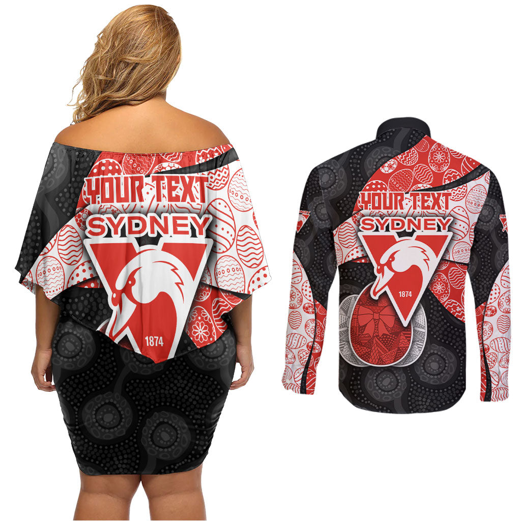 Personalized Sydney Football Couples Matching Off Shoulder Short Dress and Long Sleeve Button Shirt Easter Egg Pattern Red White Tribal Dot Art Style